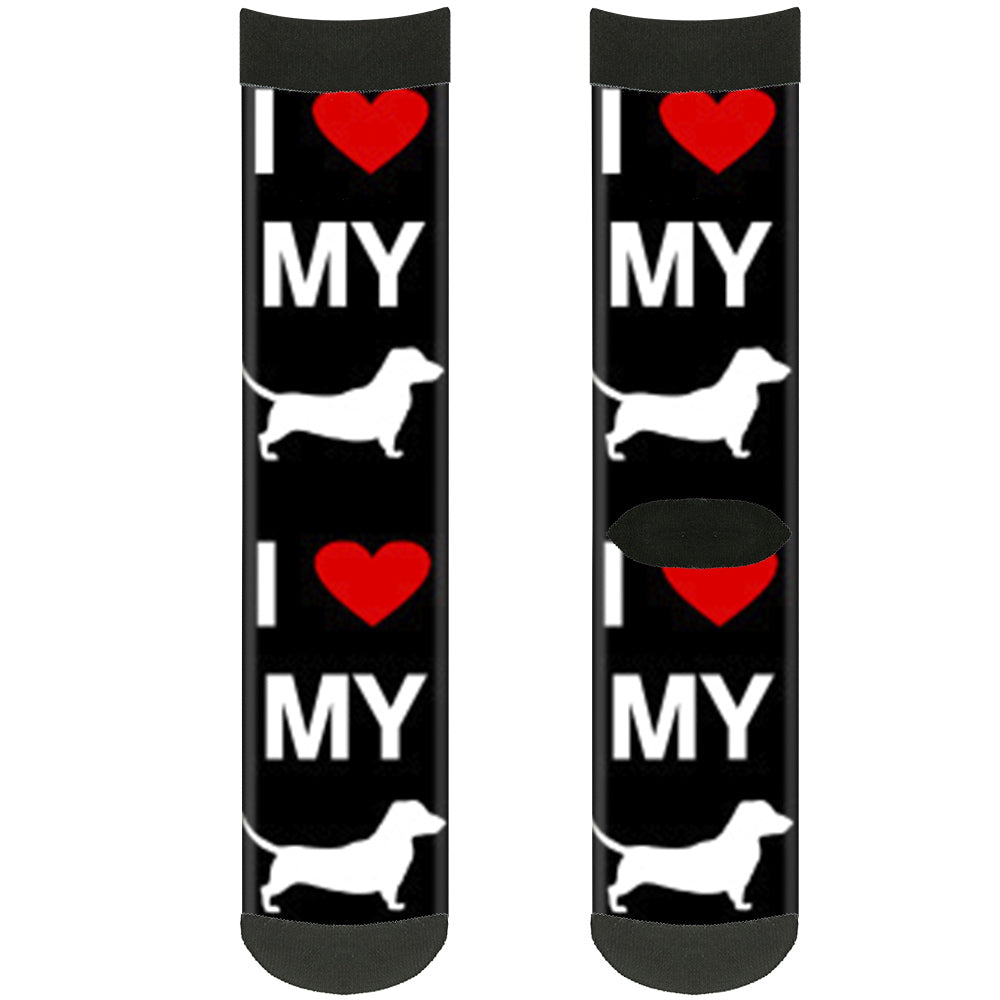 Sock Pair - Polyester - I "HEART" MY "WIENER" Dog Silhouette Black White Red - CREW Socks Buckle-Down   