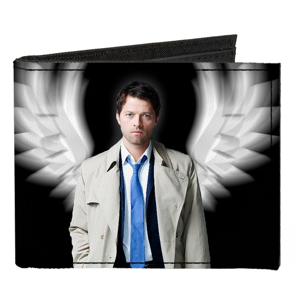 Canvas Bi-Fold Wallet - SUPERNATURAL Castiel Angel Wings Pose + Logo Black White Canvas Bi-Fold Wallets Supernatural   