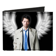 Canvas Bi-Fold Wallet - SUPERNATURAL Castiel Angel Wings Pose + Logo Black White Canvas Bi-Fold Wallets Supernatural   