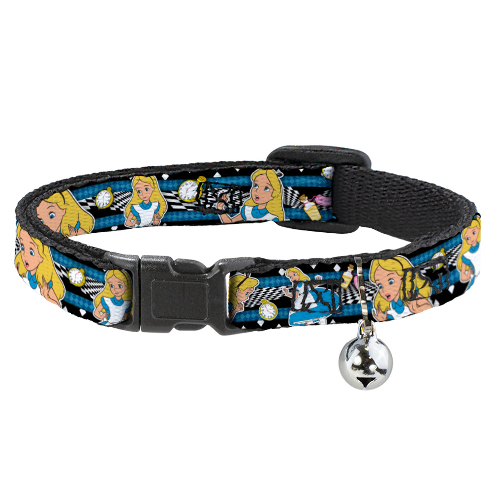 Cat Collar Breakaway - Alice in Wonderland Poses Clock Bottle Diamond Stripe Black White Blues Breakaway Cat Collars Disney   