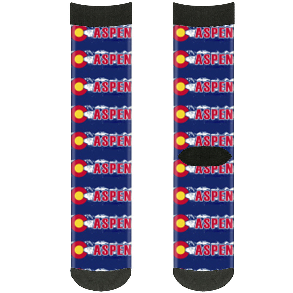 Sock Pair - Polyester - Colorado ASPEN Flag Snowy Mountains Weathered Blue White Red Yellows - CREW Socks Buckle-Down   