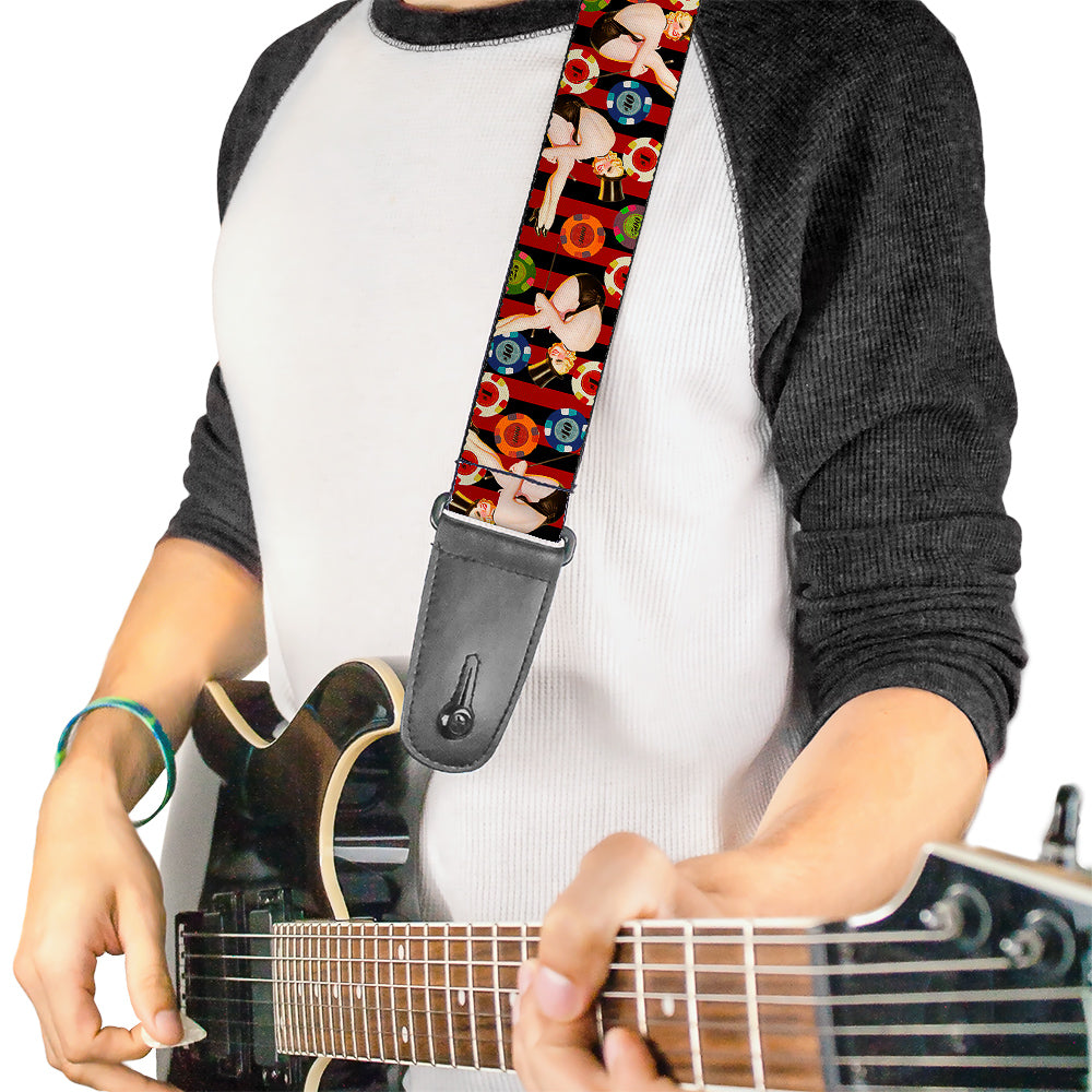 Guitar Strap - Top Hat Pin Up Girl Poker Chips Vertical Stripes Red Black Guitar Straps Buckle-Down   