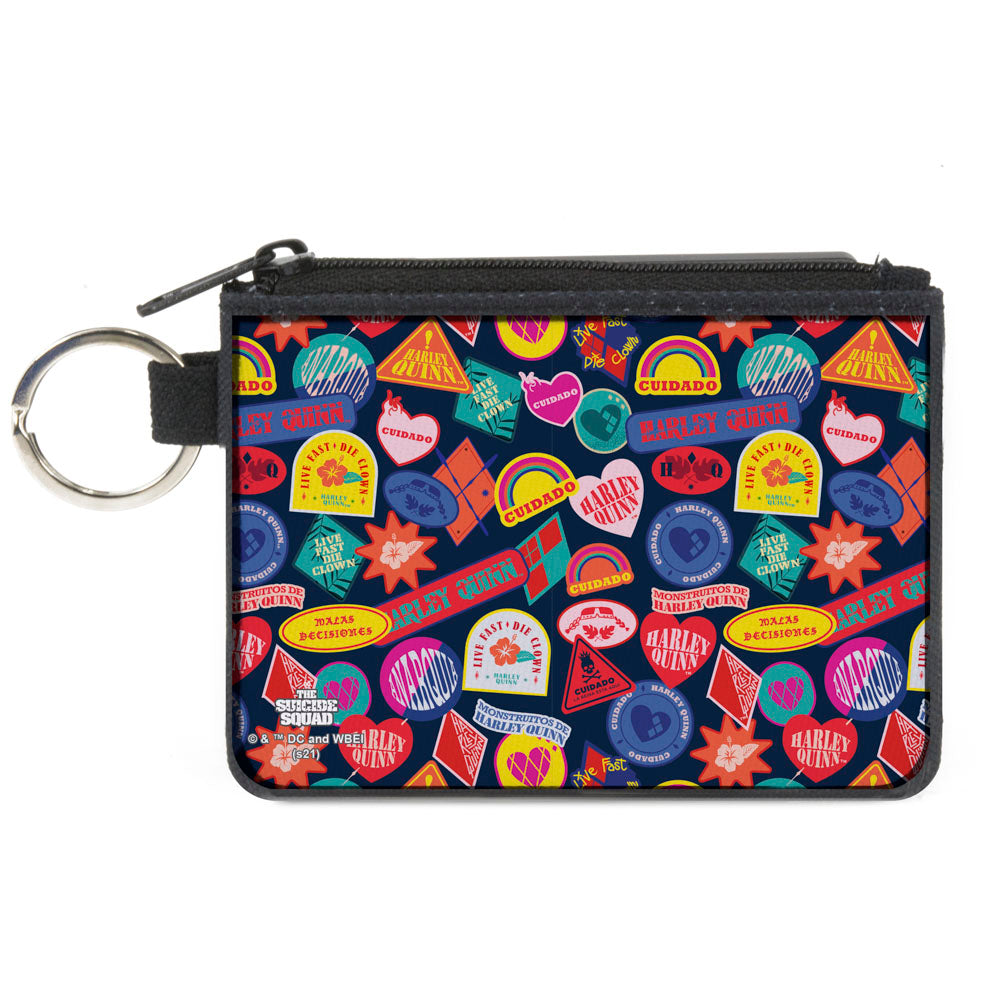 Canvas Zipper Wallet - MINI X-SMALL - The Suicide Squad 2021 Harley Quinn Badges Stacked Black Multi Color Canvas Zipper Wallets DC Comics   