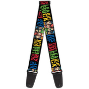 Guitar Strap - JUSTICE LEAGUE OF AMERICA w Superhero Blocks Black Multi Color Guitar Straps DC Comics   