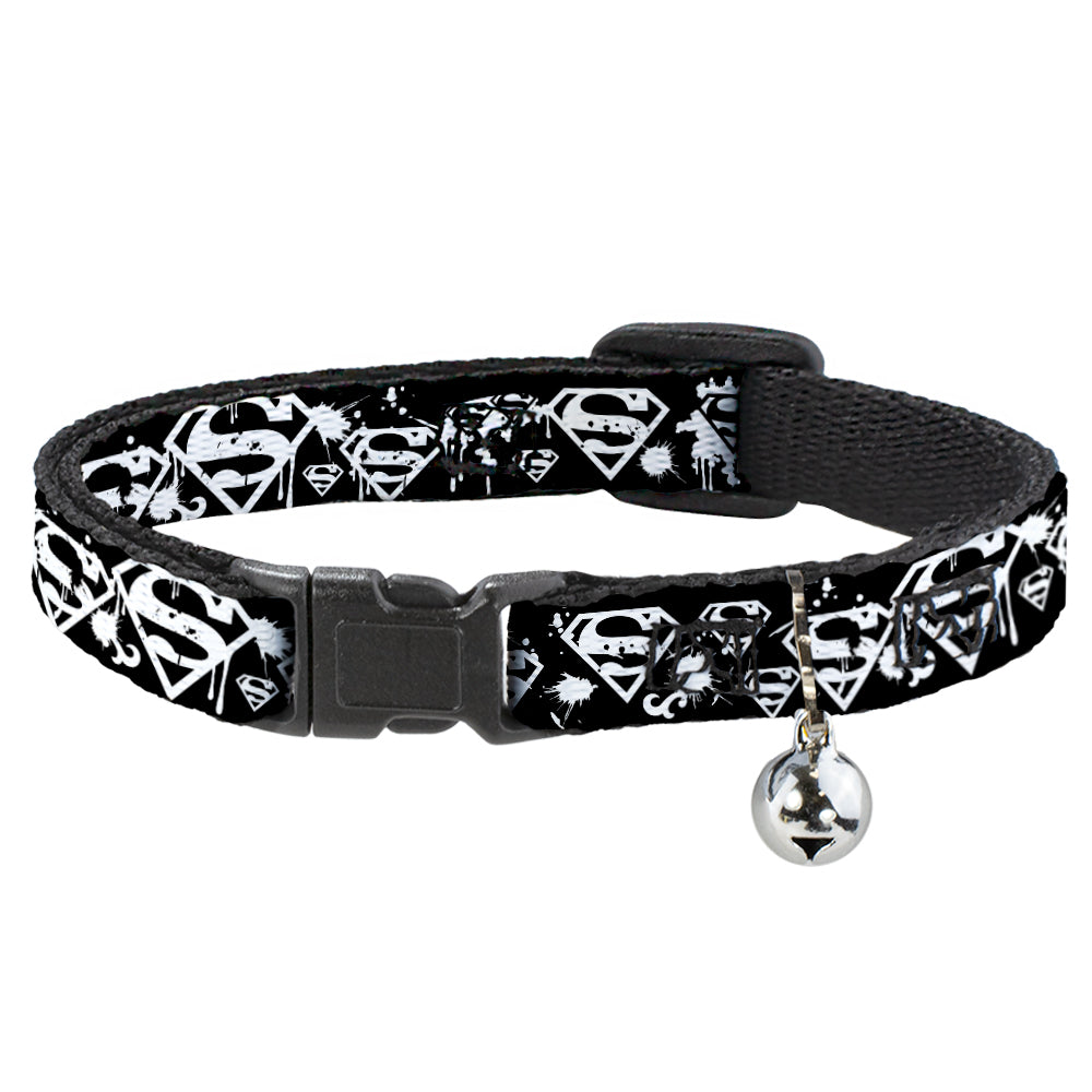 Cat Collar Breakaway - Superman Shield Splatter Black White Breakaway Cat Collars DC Comics   