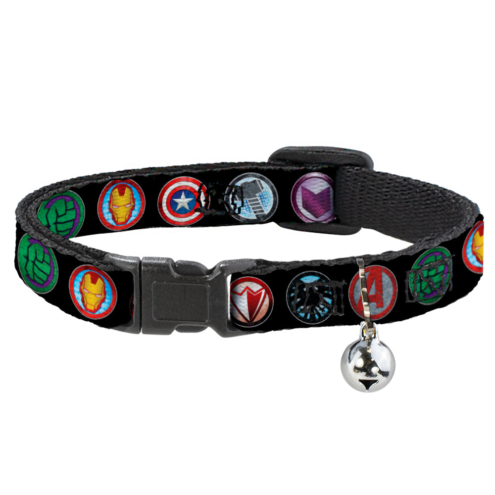 MARVEL AVENGERS Cat Collar Breakaway - 9-Avenger Icons Black Multi Color Breakaway Cat Collars Marvel Comics   