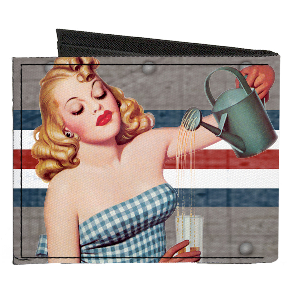 Canvas Bi-Fold Wallet - Pin Up Girl Poses CLOSE-UP Star & Stripes Gray Blue White Red Canvas Bi-Fold Wallets Buckle-Down   