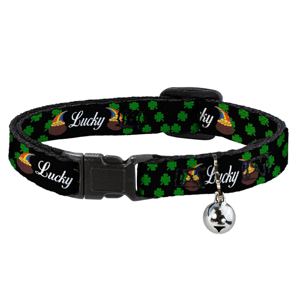 Cat Collar Breakaway - St. Pat's LUCKY Pot of Gold Shamrocks Scattered Black Green White Breakaway Cat Collars Buckle-Down   