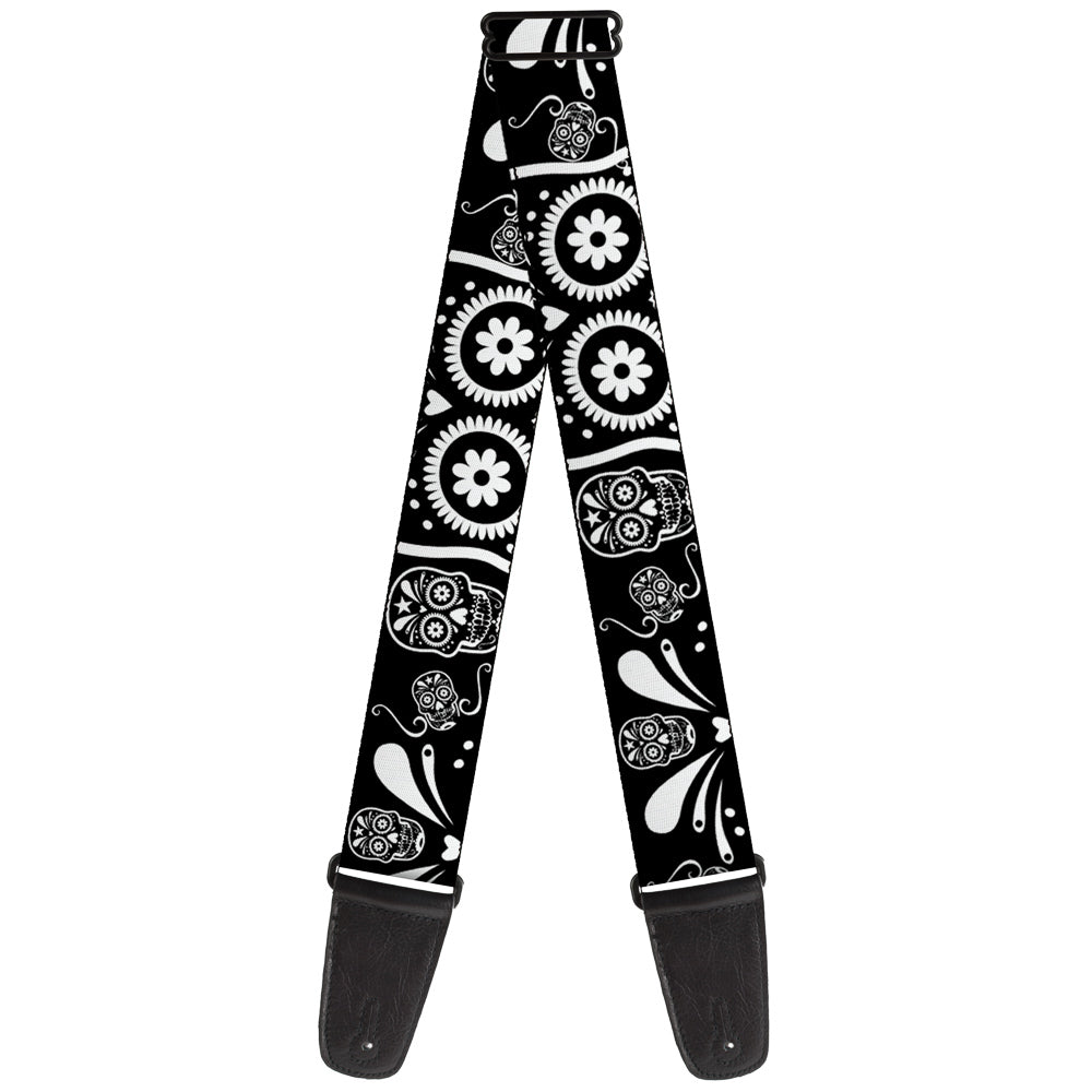 Guitar Strap - Sugar Skulls Black White Guitar Straps Buckle-Down   