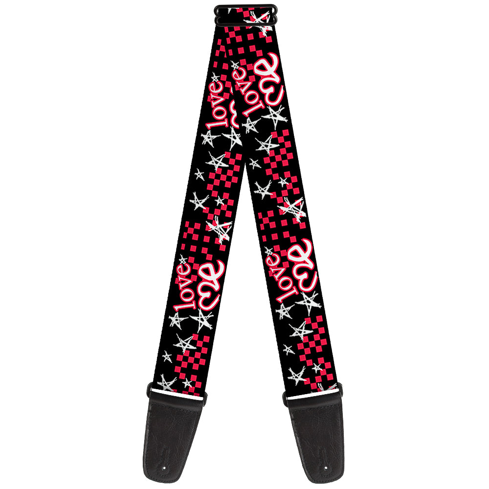 Guitar Strap - Love Me w Sketch Stars & Checkers Black Fuchsia White Guitar Straps Buckle-Down   