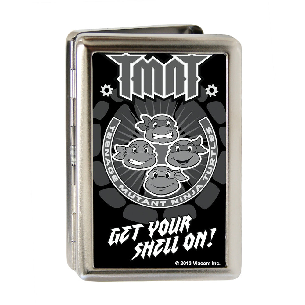 Business Card Holder - LARGE - TMNT Group Pose Shell GET YOUR SHELL ON! Brushed Silver Metal ID Cases Teenage Mutant Ninja Turtles