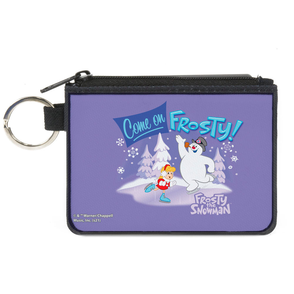 Canvas Zipper Wallet - MINI X-SMALL - FROSTY THE SNOWMAN Skating with Karen COME ON FROSTY! Purple Blues Canvas Zipper Wallets Frosty the Snowman