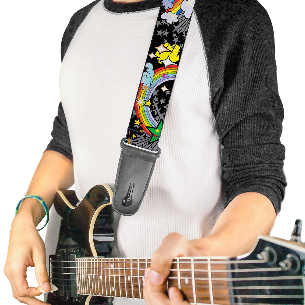 Guitar Strap - Rainbow Cloud Stars Black Guitar Straps Buckle-Down   
