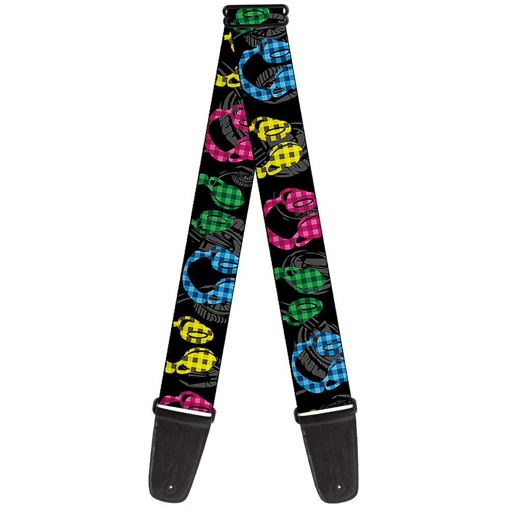 Guitar Strap - Headphones Buffalo Plaid Black Neon Guitar Straps Buckle-Down   