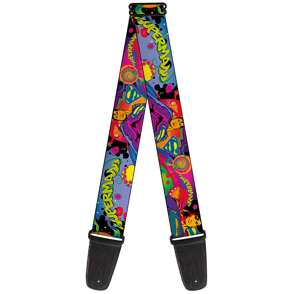 Guitar Strap - SUPERMAN Poses Battling Mongul Black Multi Neon Guitar Straps DC Comics   
