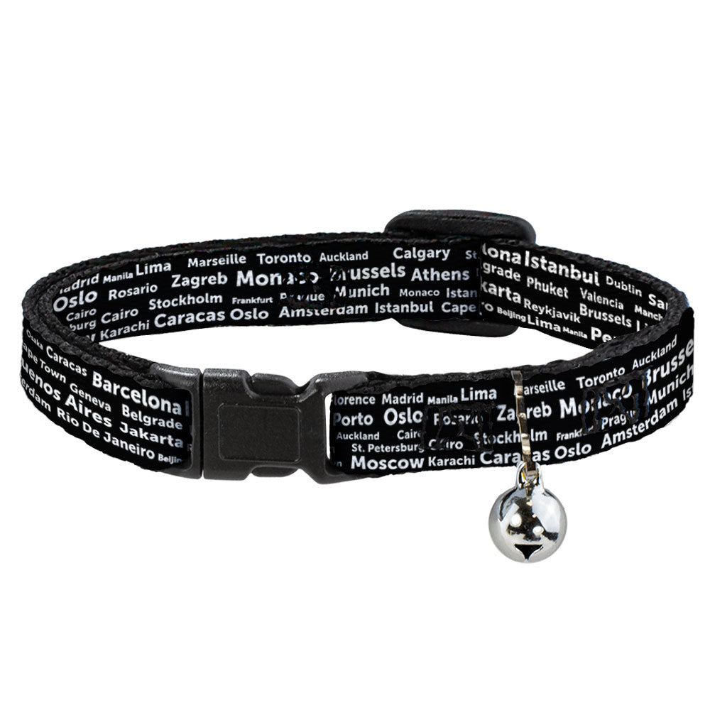 Cat Collar Breakaway - Verbiage Destination Cities Black White Breakaway Cat Collars Buckle-Down   
