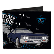 Canvas Bi-Fold Wallet - SCOOBYNATURAL MYSTERY MACHINE Van & BABY Impala Scene Black White Grays Blues Canvas Bi-Fold Wallets Scoobynatural