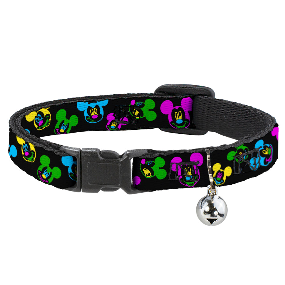 Cat Collar Breakaway - Mickey Mouse Expressions Scattered Black Multi Neon Breakaway Cat Collars Disney   