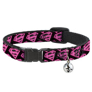Cat Collar Breakaway - Diagonal Superman Logo w Hearts Black Pink Breakaway Cat Collars DC Comics   