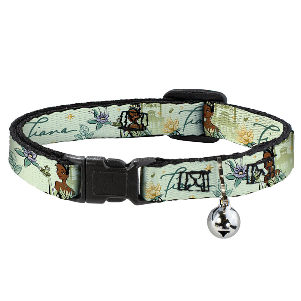 Cat Collar Breakaway with Bell - The Princess and the Frog Tiana Palace Pose with Script and Flowers Greens - NARROW Fits 8.5-12" Breakaway Cat Collars Disney   