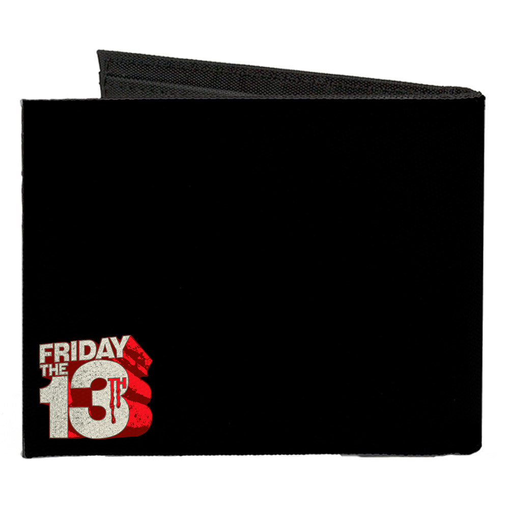 Canvas Bi-Fold Wallet - Jason Mask Quotes Collage + FRIDAY THE 13TH Logo Black Ivory Reds Canvas Bi-Fold Wallets Friday the 13th
