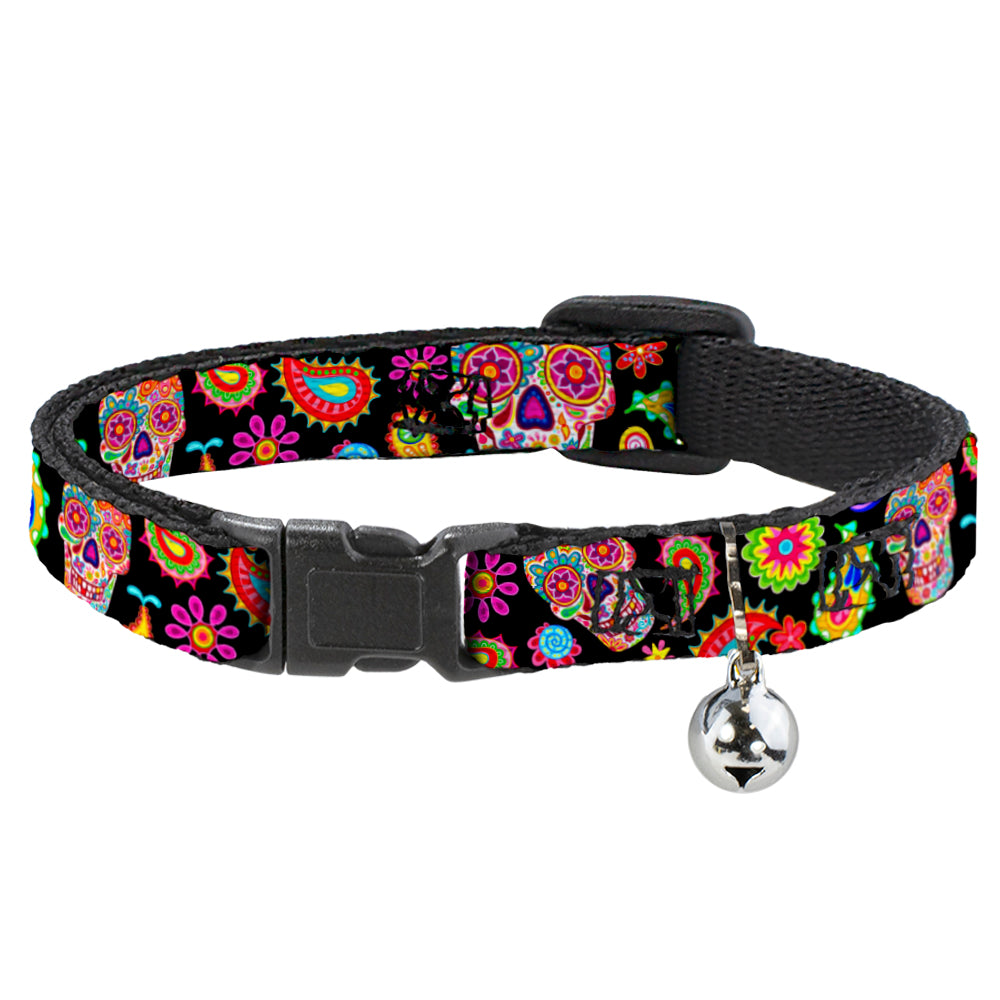Cat Collar Breakaway with Bell - Bobo Sugar Skull Paisley Black Multi Color Breakaway Cat Collars Thaneeya McArdle   