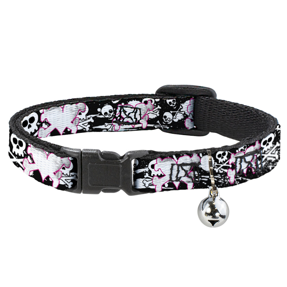 Cat Collar Breakaway - Heart & Cross Bones w Skulls & Splatter Black White Breakaway Cat Collars Buckle-Down   