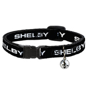Cat Collar Breakaway with Bell - SHELBY Text Only Black White - NARROW Fits 8.5-12" Breakaway Cat Collars Shelby