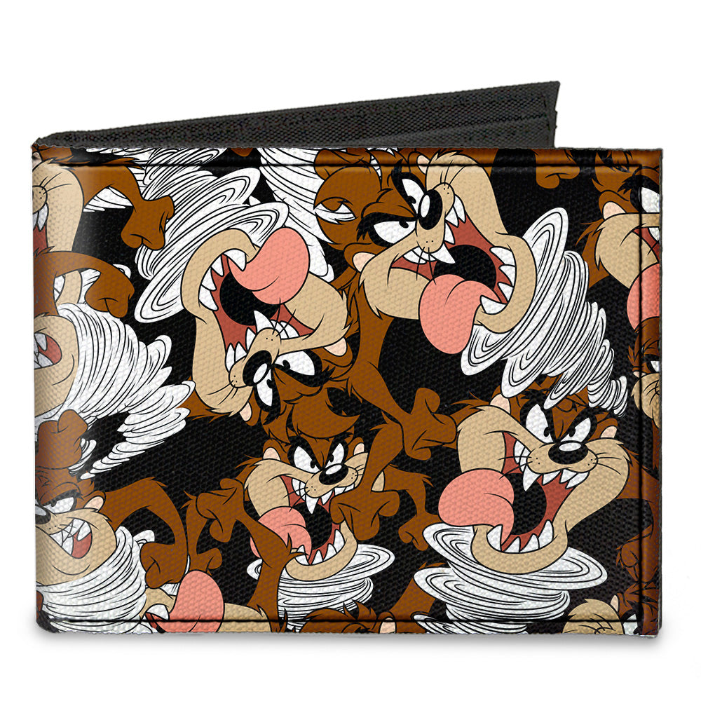 Canvas Bi-Fold Wallet - Tasmanian Devil Vortex Poses Scattered Black Canvas Bi-Fold Wallets Looney Tunes   