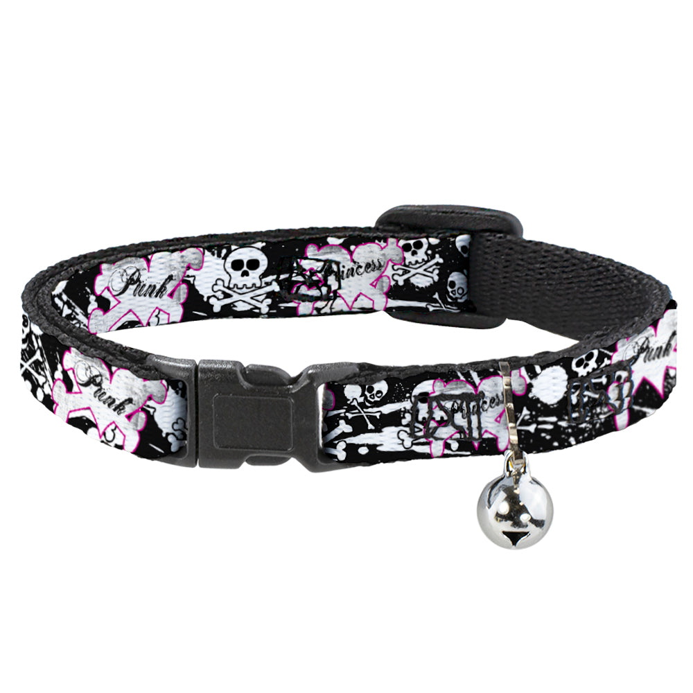 Cat Collar Breakaway - Punk Princess Heart & Cross Bones w Skulls & Splatter Black White Breakaway Cat Collars Buckle-Down   