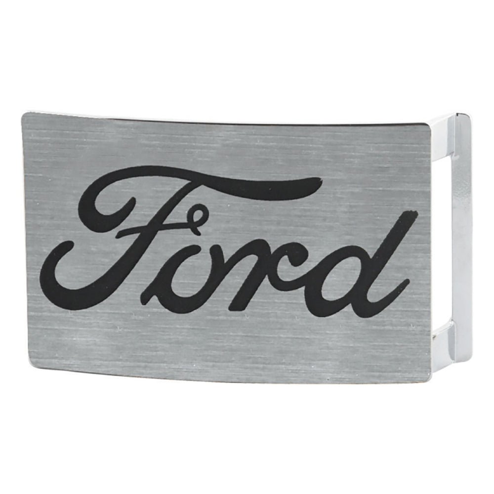 Ford Script Rock Star Buckle - Brushed Silver Black Belt Buckles Ford   
