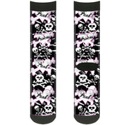 Sock Pair - Polyester - Punk Princess Heart & Cross Bones w Skulls & Splatter Black White - CREW Socks Buckle-Down   