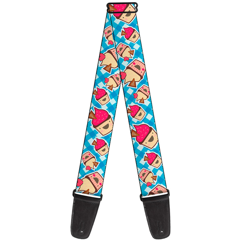 Guitar Strap - Happy Cupcakes Buffalo Plaid White Blue Guitar Straps Buckle-Down   