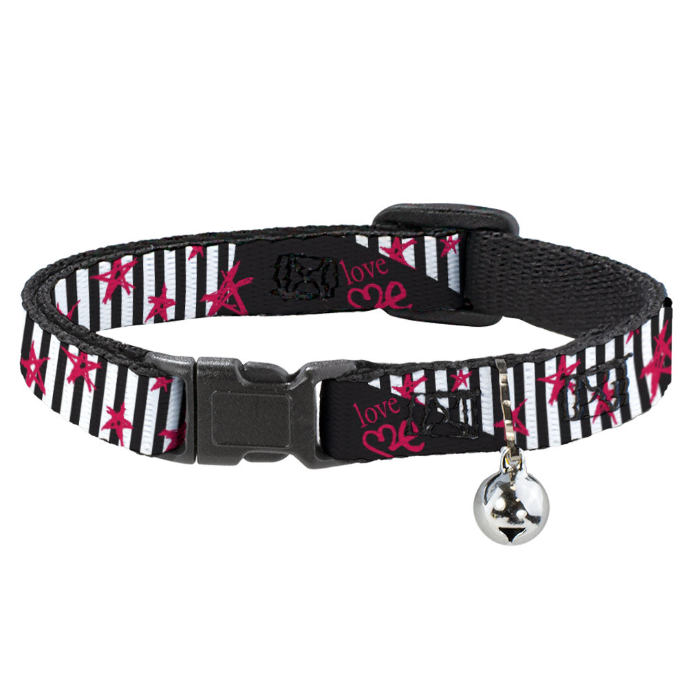 Cat Collar Breakaway with Bell - Love Me w Sketch Stars & Stripes Black White Fuchsia Breakaway Cat Collars Buckle-Down   