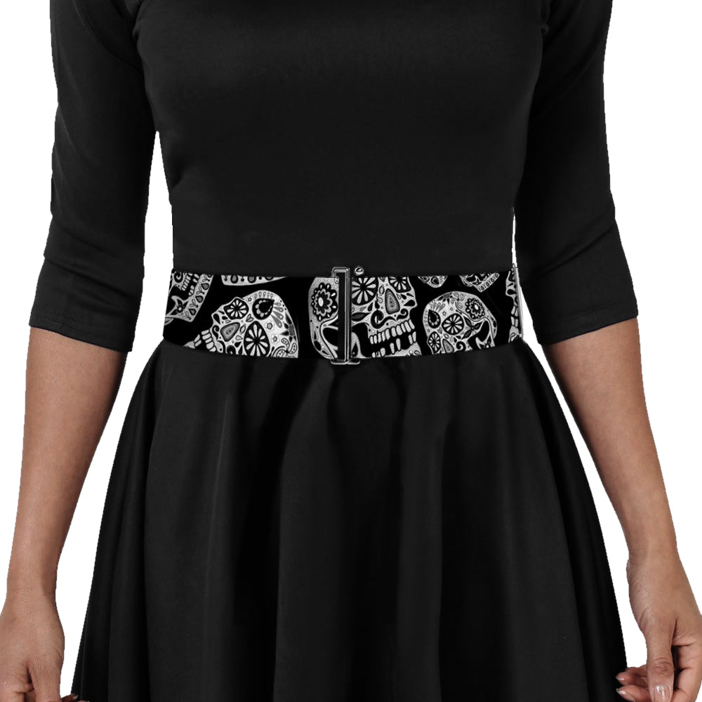 Cinch Waist Belt - The Dust of Living II Sugar Skulls Black White Womens Cinch Waist Belts Thaneeya McArdle   
