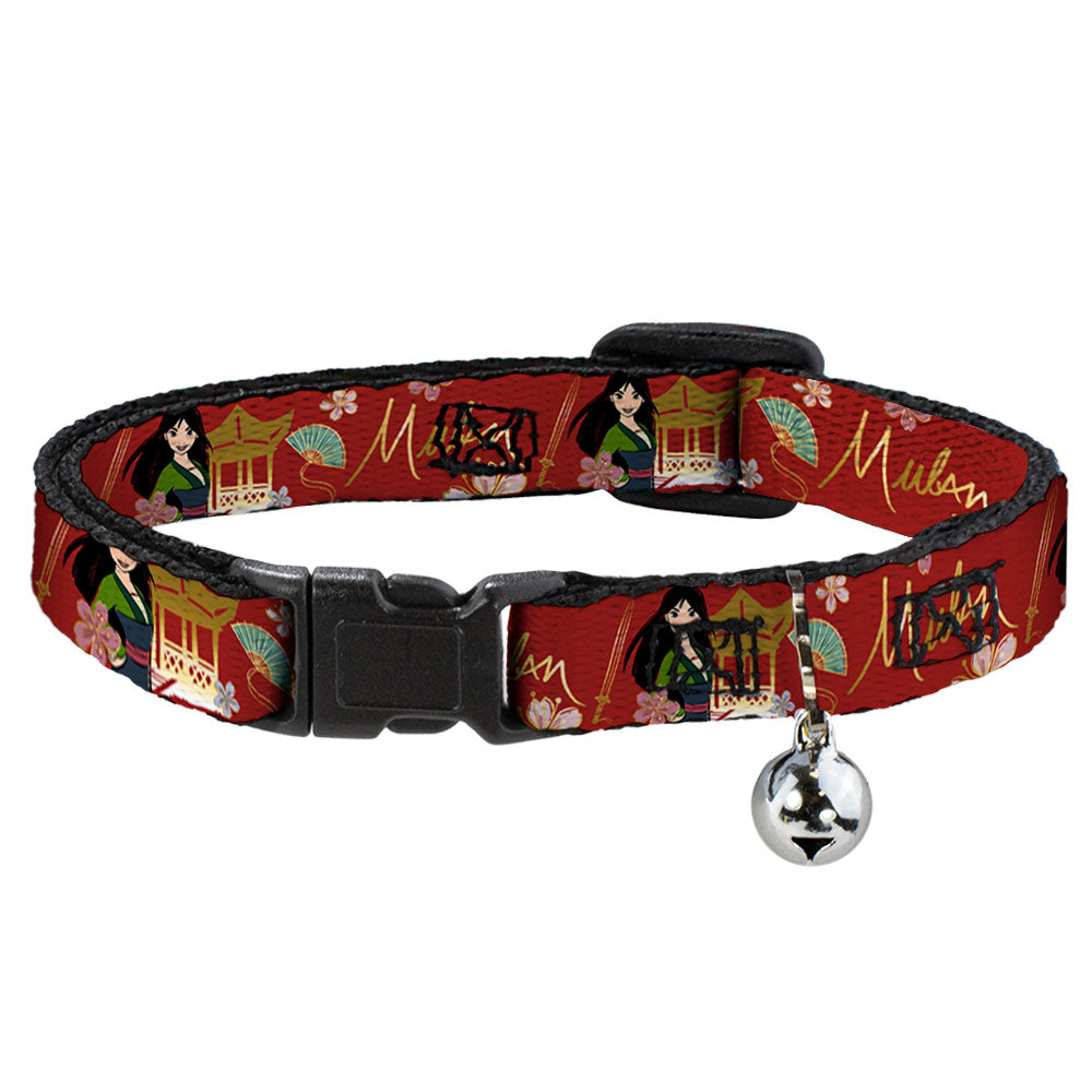 Cat Collar Breakaway with Bell - Mulan Gazebo Pose with Flowers and Script Red Golds - NARROW Fits 8.5-12" Breakaway Cat Collars Disney   