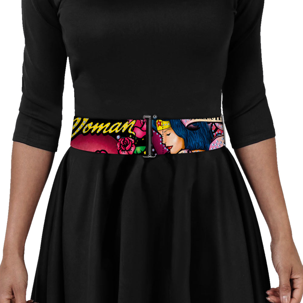 Cinch Waist Belt - WONDER WOMAN Roses STRENGTH AND BEAUTY Black-Pink Fade Womens Cinch Waist Belts DC Comics   