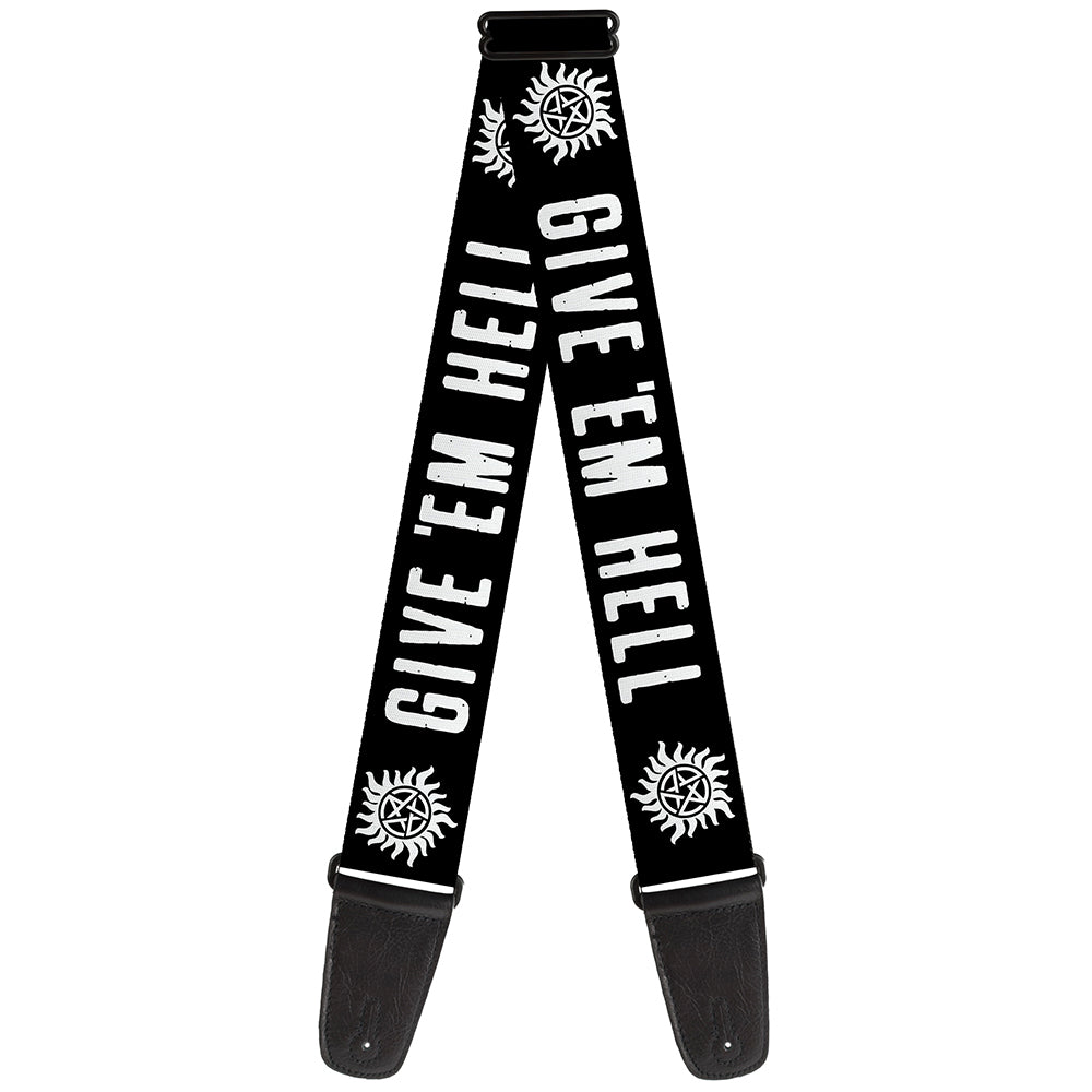 Guitar Strap - Winchester Pentagram GIVE 'EM HELL Black White Guitar Straps Supernatural   