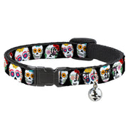 Cat Collar Breakaway - Sugar Skull Outline Black Multi Color Breakaway Cat Collars Buckle-Down   