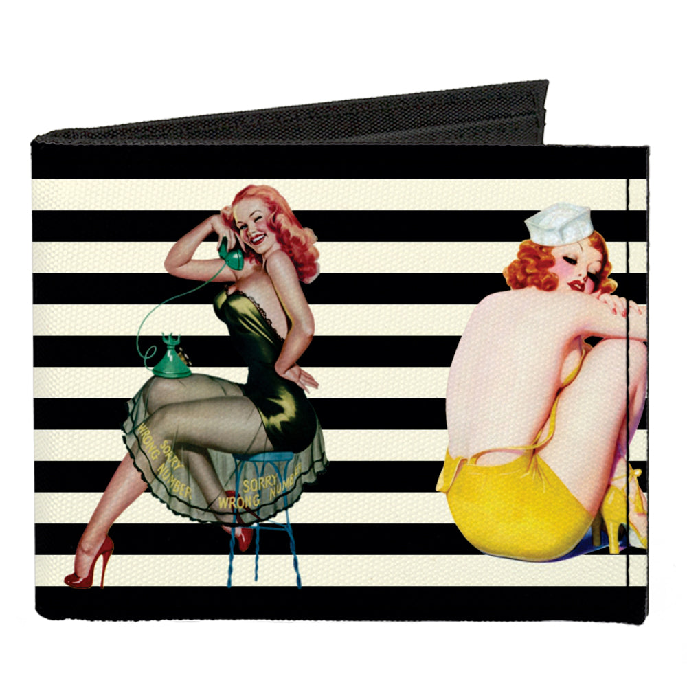 Canvas Bi-Fold Wallet - Pin Up Girl Poses Stripe Black White Canvas Bi-Fold Wallets Buckle-Down   