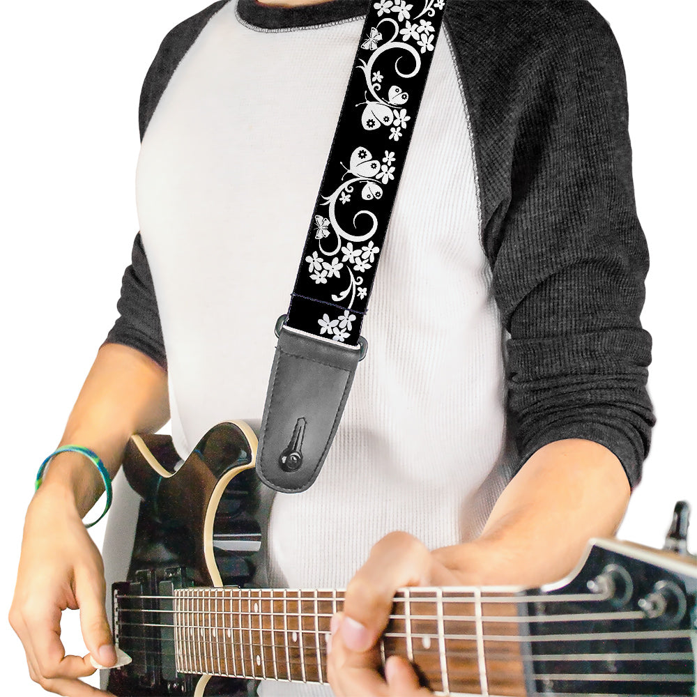 Guitar Strap - Butterfly Garden 2 Black White Guitar Straps Buckle-Down   