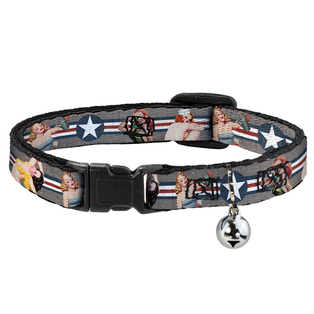Cat Collar Breakaway - Pin Up Girl Poses Star & Stripes Gray Blue White Red Breakaway Cat Collars Buckle-Down   