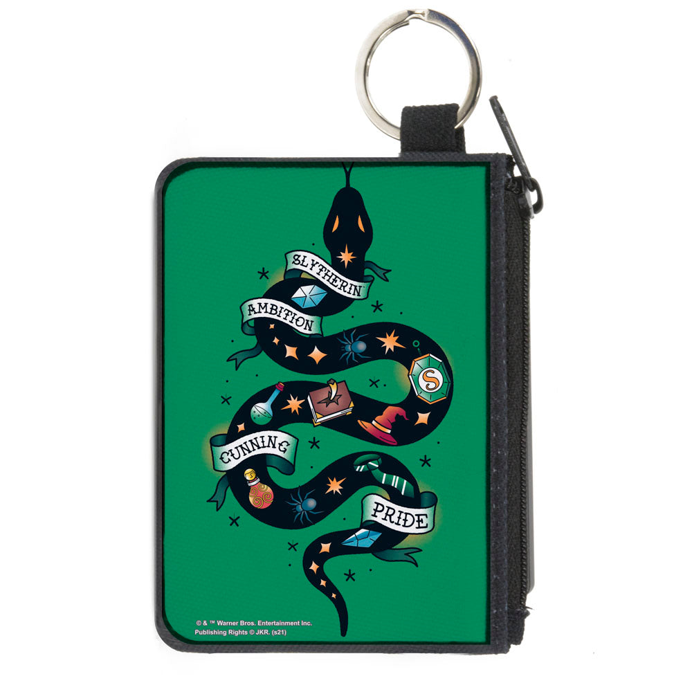 Canvas Zipper Wallet - MINI X-SMALL - Harry Potter SLYTHERIN Serpent AMBITION CUNNING PRIDE Tattoo Green Canvas Zipper Wallets Harry Potter