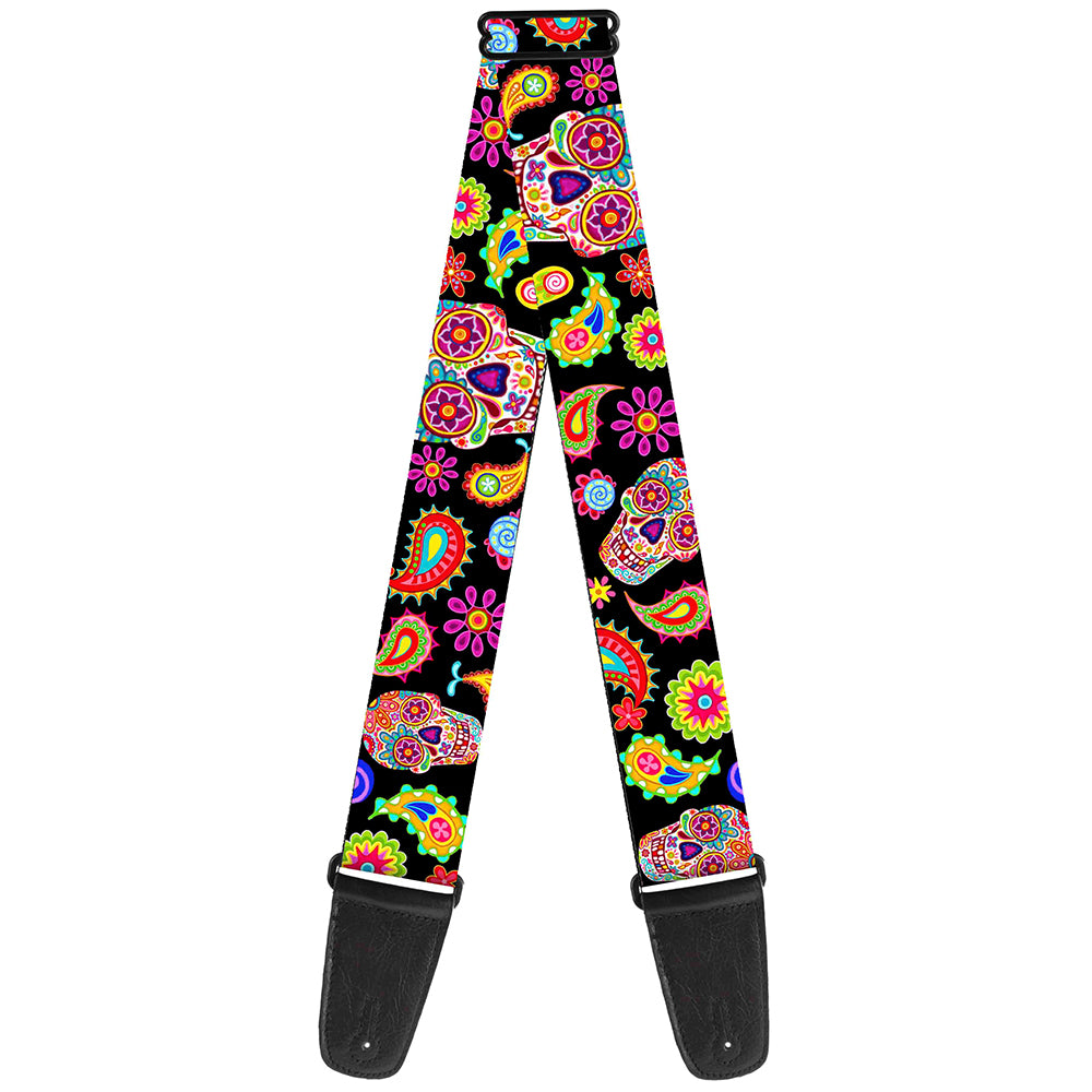 Guitar Strap - Bobo Sugar Skull Paisley Black Multi Color Guitar Straps Thaneeya McArdle   
