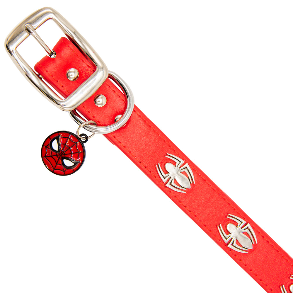 Vegan Leather Dog Collar - Spider-Man Red with Spider Embellishments & Metal Charm Imported PU Collars Marvel Comics   