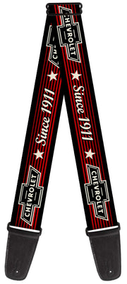 Guitar Strap - Vintage CHEVROLET Bowtie SINCE 1911 Stars Stripe Black Red Ivory Guitar Straps GM General Motors   