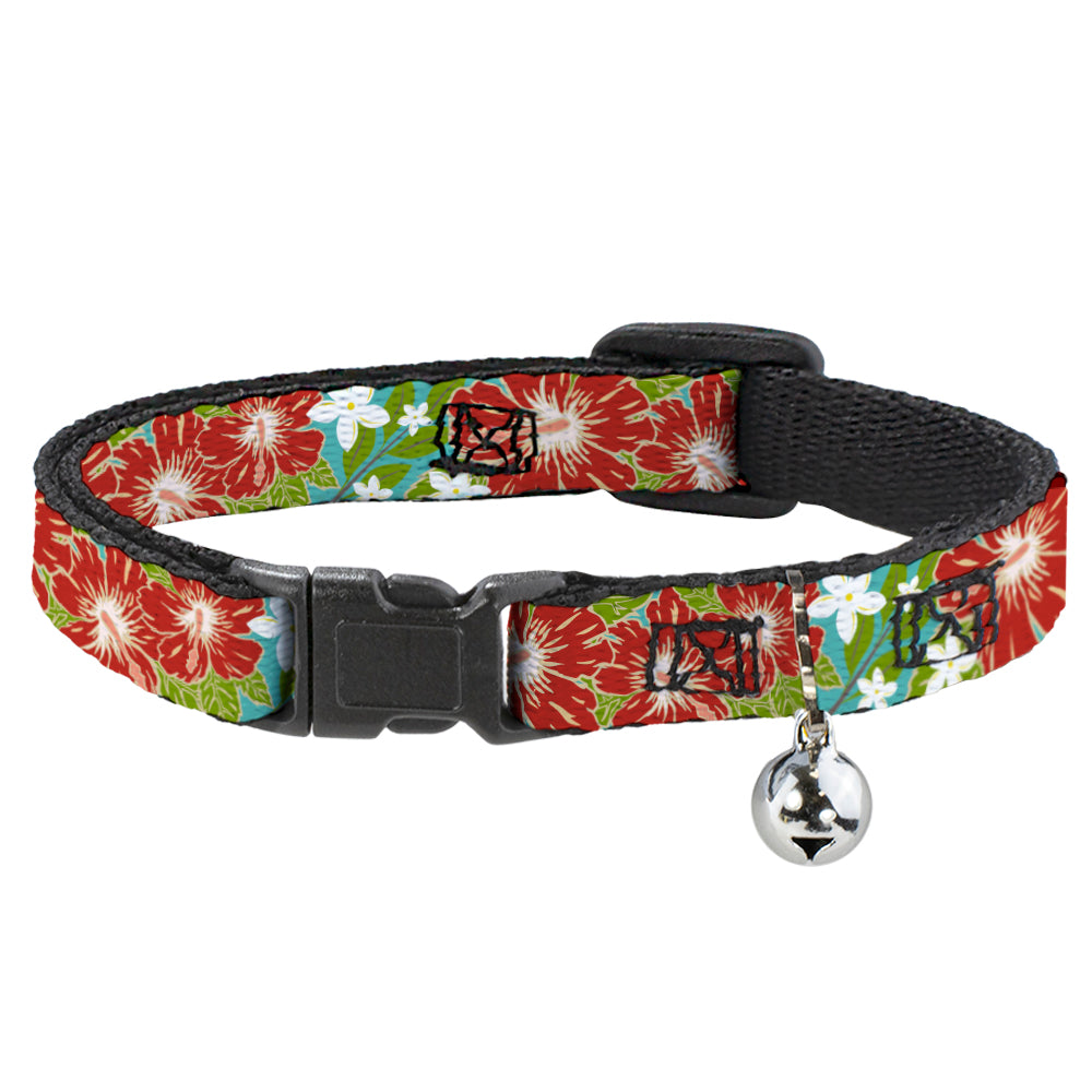 Cat Collar Breakaway - Hibiscus & Plumerias Turquoise Green Red White Breakaway Cat Collars Buckle-Down   