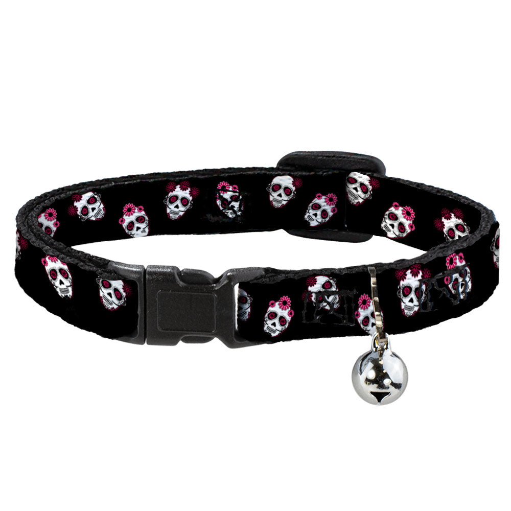 Cat Collar Breakaway - Staggered Sugar Skulls Black Pink White Breakaway Cat Collars Buckle-Down   