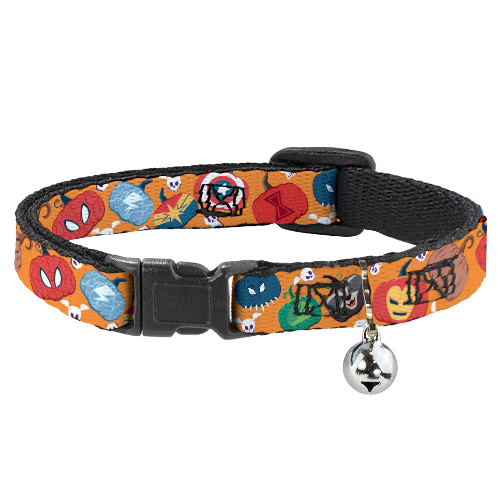 Cat Collar Breakaway with Bell - Marvel 9-Avengers Halloween Jack-O-Lantern Pumpkin Icons Scattered Orange Breakaway Cat Collars Marvel Comics   