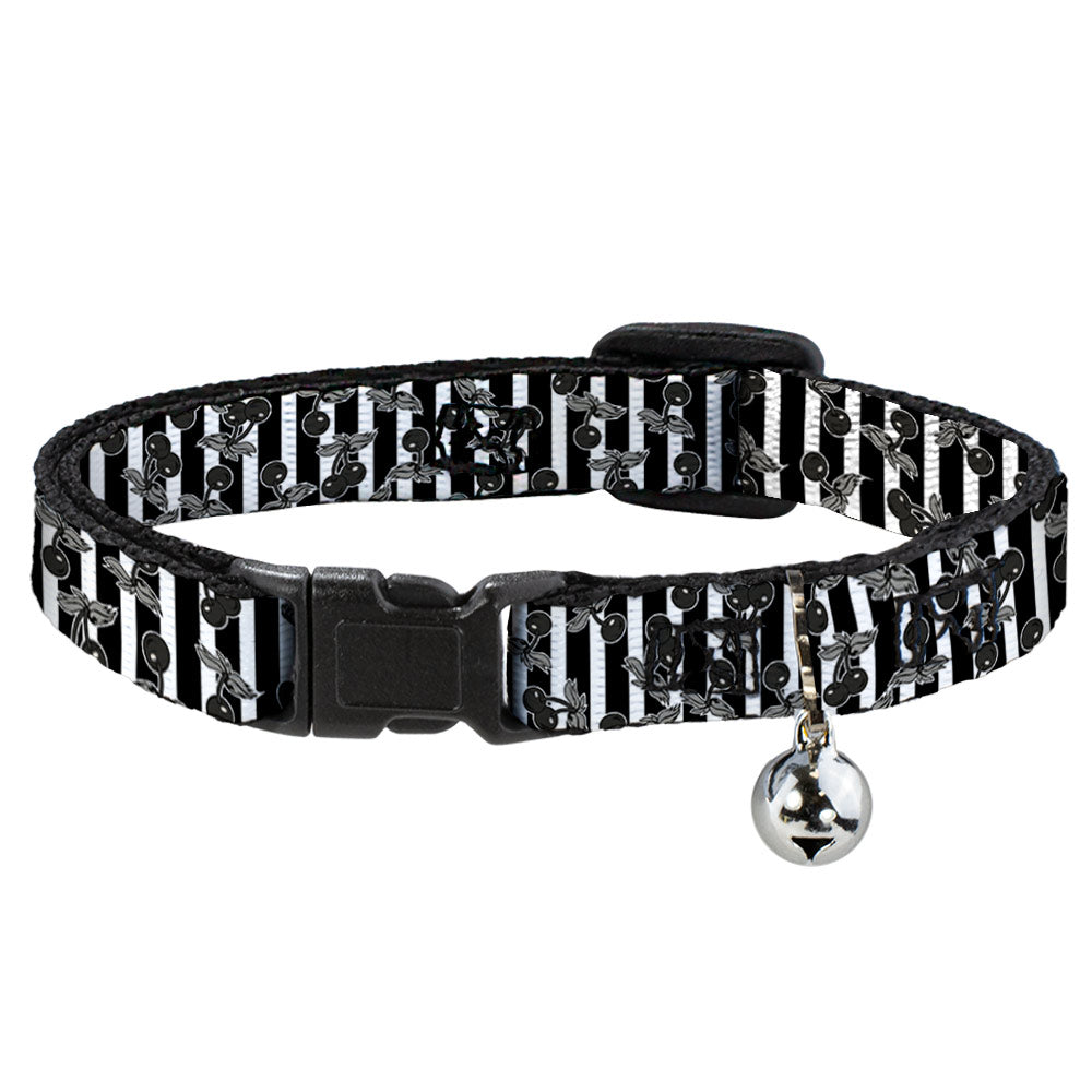 Cat Collar Breakaway - Cherries Scattered Vertical Stripe White Black Grays Breakaway Cat Collars Buckle-Down   